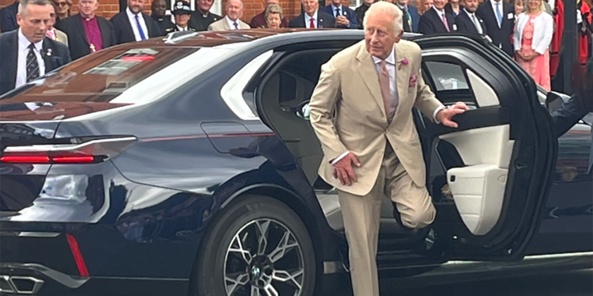 King Charles arriving in BMW 7 Series Prestige Edition